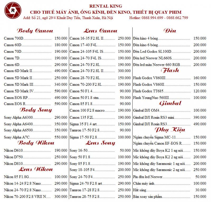 rental-king-1215060 Bảng giá cho thuê tại Rental King